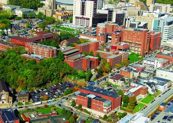 aerial view of campus buildings