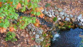 aerial view of a small waterfall and pond