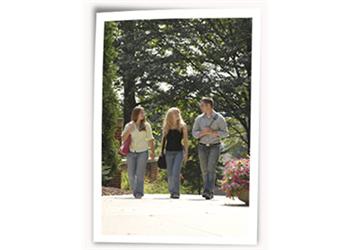 three people walking on a campus pathway