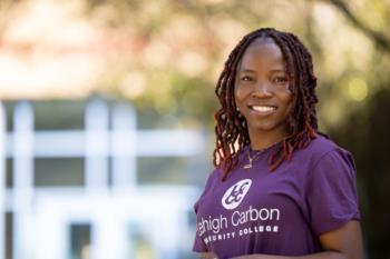 smiling woman in 'Lehigh Carbon Community College' t-shirt