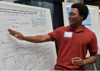 person presenting research on a poster