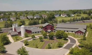 aerial view of campus facilities and parking