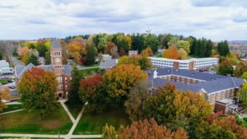 aerial campus view with fall foliage