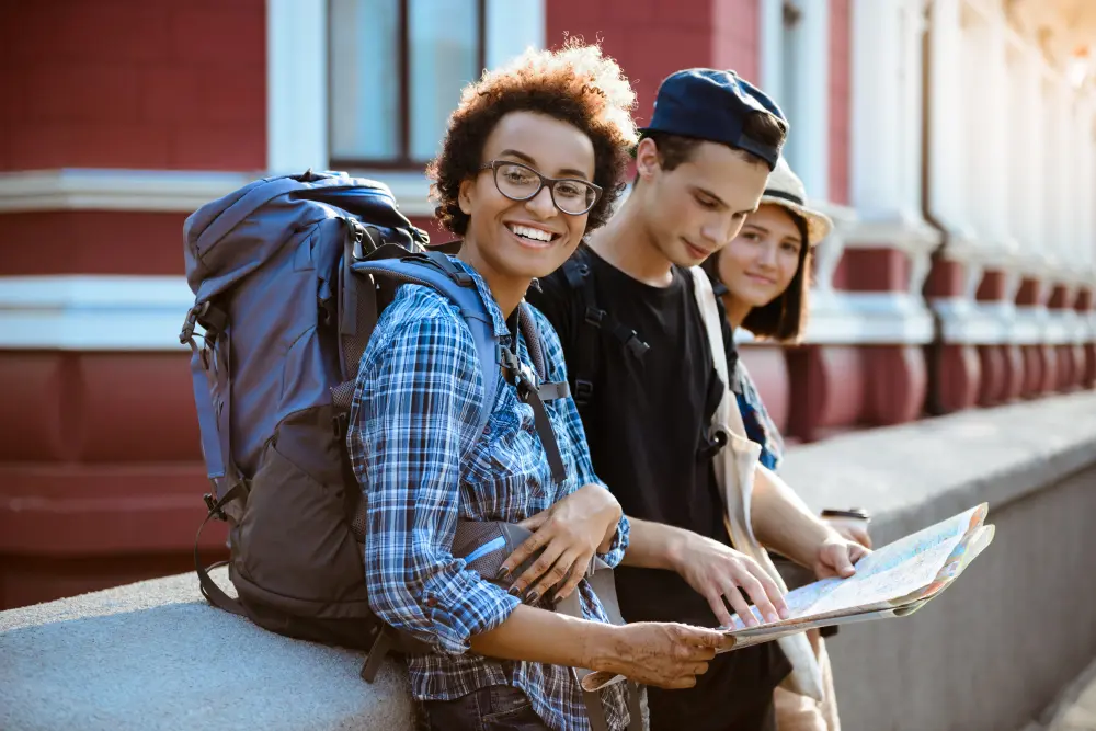 students exploring campus smiling